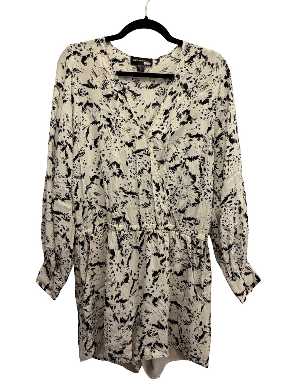 Fifteen Twenty Romper Womens M Black White Abstract Faux Wrap Long Sleeve - Picture 2 of 10